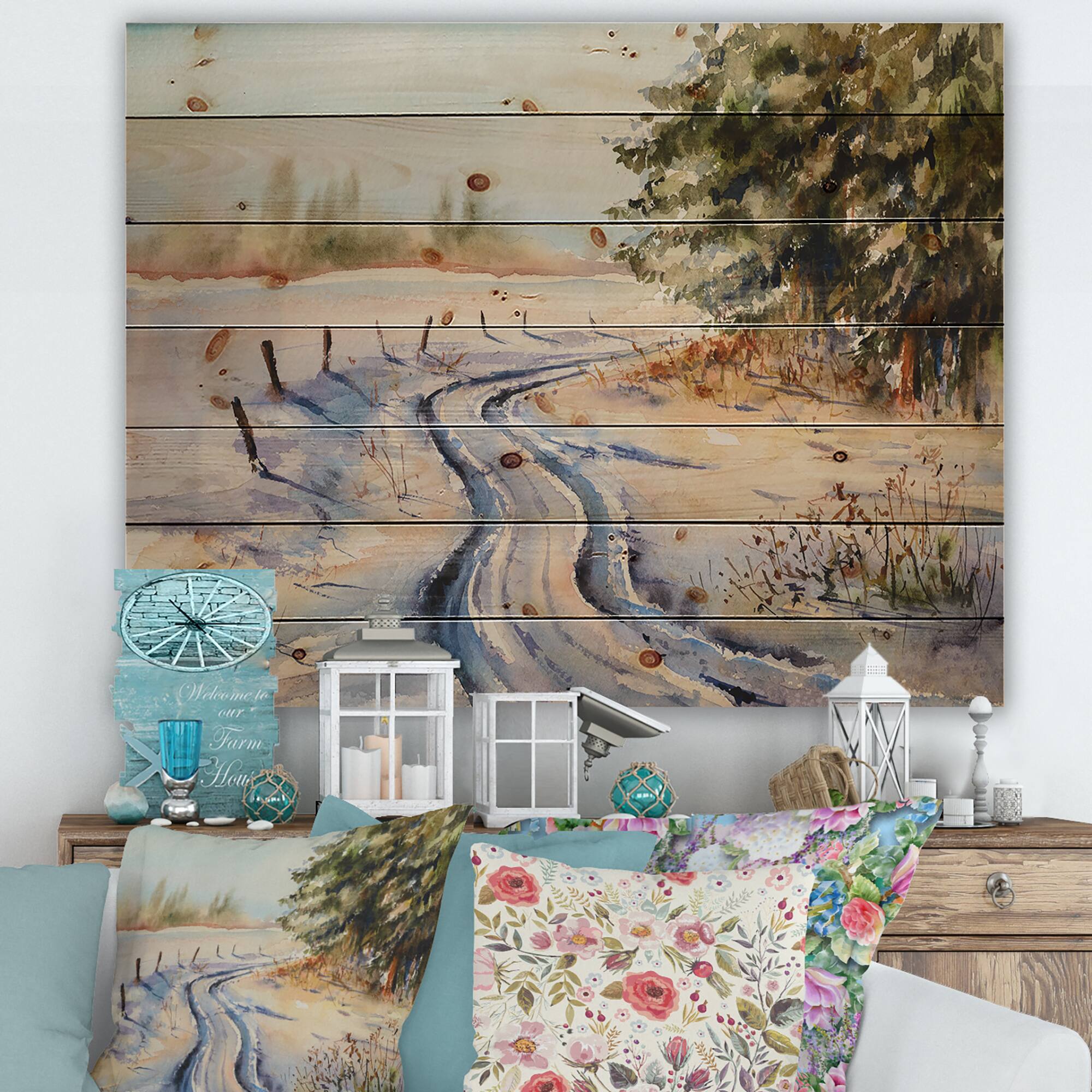 Designart - Snowy Winter Forest Landscape Country Road In Snow